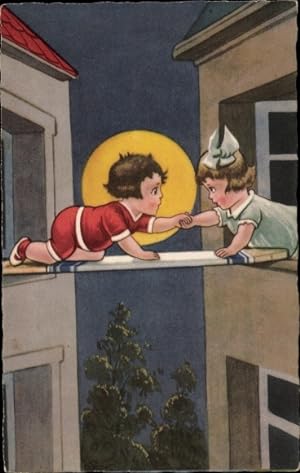 Bild des Verkufers fr Knstler Ansichtskarte / Postkarte Kinder am Fenster, Bgelbrett, Mondnacht zum Verkauf von akpool GmbH