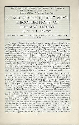 Immagine del venditore per A "MELLSTOCK QUIRE" BOY'S RECOLLECTIONS OF THOMAS HARDY venduto da Antic Hay Books