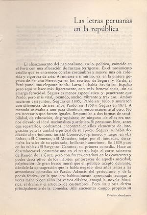 Seller image for LAS LETRAS PERUANAS EN LA REPUBLICA (20 PAGINAS ORIGINALES DEL AO 1956, ESTUDIO COMPLETO TEXTO INTEGRO) for sale by Libreria 7 Soles