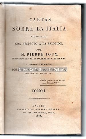 Imagen del vendedor de Cartas sobre la Italia considerada con respecto a la religin. Traducidas al espaol por D. Mariano de Rementera y Fica. a la venta por Llibreria Antiquria Delstres