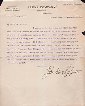 Signed 1897 letter on Arena Company, Publisher letterhead