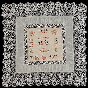 WWI "Souvenir de France" silk & Belgian lace embroidered pillow sham