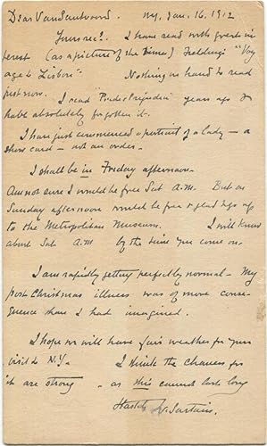 Seller image for 1912 William Sartain Autograph Letter Signed to Poet Harold Van Santvoord for sale by Dennis Holzman Antiques