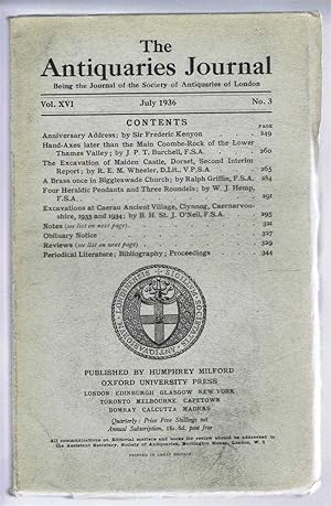 Imagen del vendedor de The Antiquaries Journal, Being the Journal of The Society of Antiquaries of London, Volume XVI 1936, Number 3. July 1936 a la venta por Bailgate Books Ltd