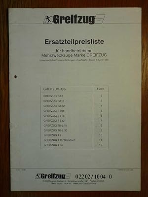 GREIFZUG Ersatzteilpreisliste für handbetriebene Mehrzweckzüge - Stand 01.04.1989 für folgende Mo...