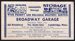 Broadway Garage, McSorley Bros., Props. 456 Broadway, Tel. ELiot 8527, Cambridge, Mass.