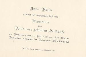 Promotionskarte. "Promotion zum Doktor der gesamten Heilkunde". Gedruckt, Wien, 17. Mai 1956, auf...