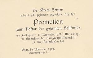 Promotionskarte. "Promotion zum Doktor der gesamten Heilkunde". Gedruckt, Graz, November 1919, rü...