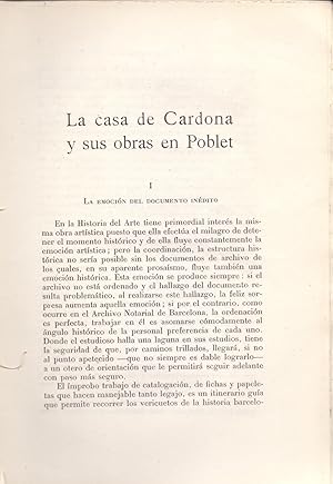Seller image for LA CASA DE CARDONA Y SUS OBRAS EN POBLET (65 PAGINAS ORIGINALES DEL AO 1950, ESTUDIO COMPLETO TEXTO INTEGRO) for sale by Libreria 7 Soles
