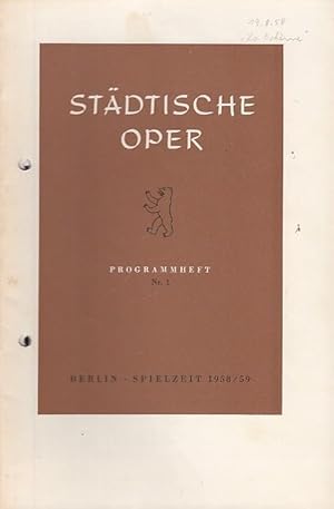 Bild des Verkufers fr Programmheft Nr. 1. Spielzeit 1958 / 1959. Mit Besetzungsliste zu: La Boheme. Musikalische Leitung: Ernst Mrzendorfer / Inszenierung: Gnther Roth / Bhnenbild und Kostme: Dominik Hartmann / Darsteller: u. a. Walter Geisler, Robert Koffmane, Ernst Krukowski, Wilhelm Lang, Fritz Hoppe zum Verkauf von Antiquariat Carl Wegner