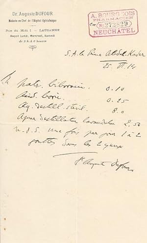 Autograph. Eigenhändiges Rezept mit Unterschrift. Datiert: 25. Juli 1914, 1 Seite. Kl.-8° [21 x 1...