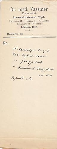 Autograph. Handgeschriebenes Rezept, o.D. u. o.U. [um 1910].