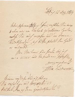 Bild des Verkufers fr Autograph. Eigenhndiger Brief mit Unterschrift. Datiert: Lttich, 12. Dezember 1869. 1 Seite, Kl.-8. zum Verkauf von Antiquariat Michael Eschmann