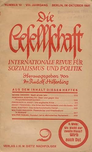 Die Gesellschaft. Internationale Revue für Gesellschaft und Politik. Nummer 10. VIII. Jahrgang. O...