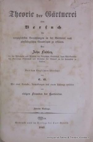 Bild des Verkufers fr Theorie der Grtnerei. bersetzt von C(arl) G(erold). 2. Auflage. Wien, Gerold, 1847. Mit 38 Holzstichabbildungen im Text. 281 S. Originalbroschur; Rcken mit Fehlstellen beschdigt. zum Verkauf von Jrgen Patzer