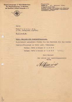 Typed letter signed from the Fliegeruntergruppe 2 Ruhr-Niederrhein to Theo Gassmann care of Aerop...