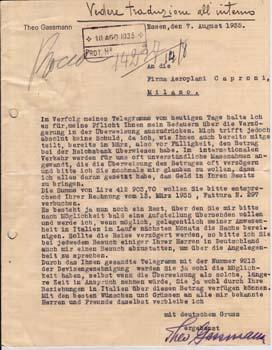 Typed letter, signed, from Theo Gassmann to Firma Aeroplani Caproni.