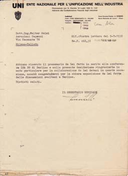 Typed letter signed from UNI: Ente Nazionale per l'Unificazione nell'Industria to Walter Salsi at...