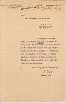Typed letter, signed, from Dr. Alois Robert Böhm to G[ianni] Caproni.