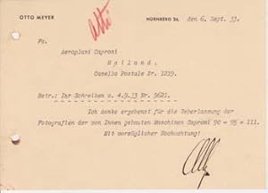 Typed letter signed, from Otto Meyer to Aeroplani Caproni.