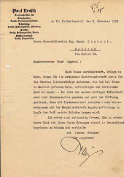 Typed letter signed from Paul Reusch to  Ganni  (sic) Caproni.