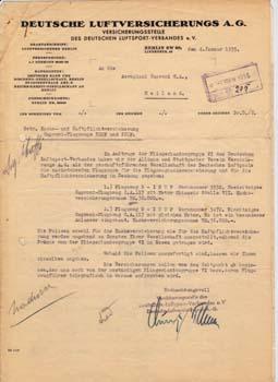 Typed letter signed from Deutsche Luftversicherungs A.G. to Aeroplani Caproni.