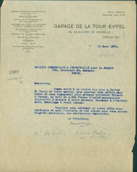 Receipt from Garage de La Tour Eiffel (20 Boulevard de Grenelle, Paris) to Societe Commerciale In...