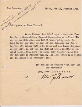 Typed Letter Signed from Theo Gassmann to Pietro Rocca, c/o Firma Aeroplani Caproni.