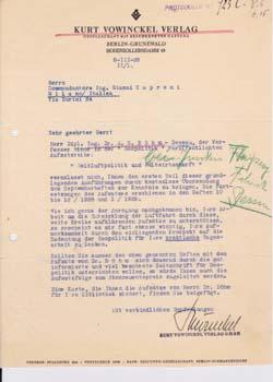 Typed letter signed from Kurt Vowinckel Verlag to Gianni Caproni.