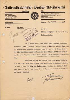 Typed Letter Signed from Nazi Party Headquarters in Essen to the ?Firma Aeroplani Caproni."