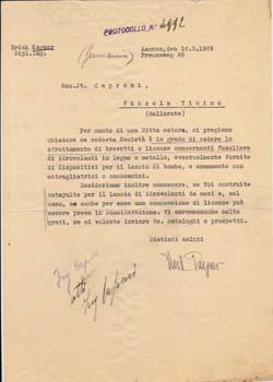 Typed letter, signed, from Erich Kayser to Societa Aeroplani Caproni.