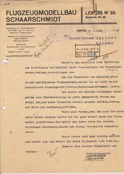 Typed letter signed from Flugzeugmodellbau Schaarschmidt to Societa italiana Caproni.