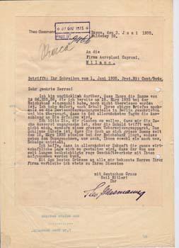 Typed letter signed from Theodore Gassman to Firma Aeroplani Caproni.