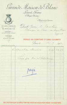 Receipt from Grande Maison de Blanc (6 Boulevard des Capucines, Paris). to M. Couture, Sept. 19, ...