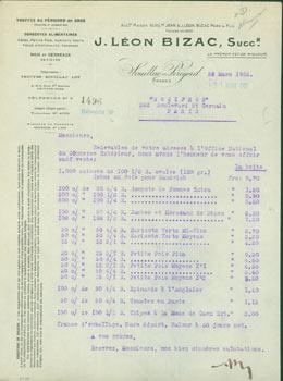 Bild des Verkufers fr Receipt from J. Leon Bizac, Truffes du Perigord en Gros (Souillac Perigord, France) to "Socifros" (282 Boulevard St. Germain, Paris), 28 March, 1923. zum Verkauf von Wittenborn Art Books