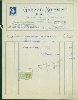 Receipt from Garage Messine, P. Meunier (6 Rue Treilhard, Paris) to M. Denys Fontaine (205 BD St....