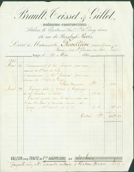 Receipt from Brault, Teisset & Gillet (14 Rue Du Ranelagh, Paris) to Mlle. Revelliere, 20 May, 1886.