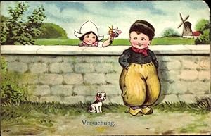 Bild des Verkufers fr Ansichtskarte / Postkarte Versuchung, Mdchen reicht einem Jungen Blumen ber eine Mauer, kleiner Hund zum Verkauf von akpool GmbH