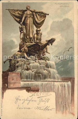 Postkarte Carte Postale Stettin Westpommern Monumental Brunnen