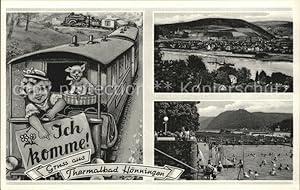 Bild des Verkufers fr Postkarte Carte Postale Hnningen Bad Panorama Rhein Schwimmbad Eisenbahn Mdchen Hund Leporello zum Verkauf von Versandhandel Boeger