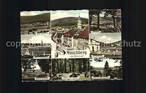 Bild des Verkufers fr Postkarte Carte Postale Mnchberg Spessart Hauptstrasse Kirche Schwimmbad Sprungturm Mrchenwiese Schwarzwild im Spessart Blick von den Eichen zum Verkauf von Versandhandel Boeger