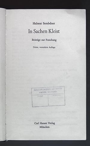 Bild des Verkufers fr In Sachen Kleist : Beitrge zur Forschung. zum Verkauf von books4less (Versandantiquariat Petra Gros GmbH & Co. KG)