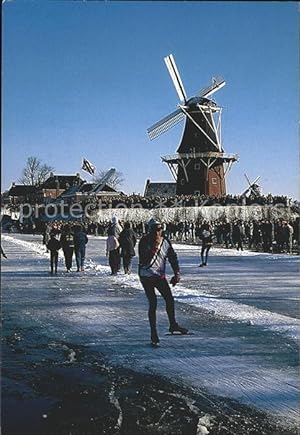 Postkarte Carte Postale Schlittschuhlaufen Eislaufen Windmühle Feestdagen Lieuwe Zander Lelystad