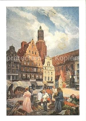 Postkarte Carte Postale Breslau Niederschlesien Ring mit Elisabethkirche Künstlerkarte