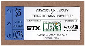 Lacrosse Ephemera - Used Ticket, Syracuse at Johns Hopkins, March 20th, 2010