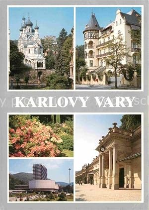 Seller image for Postkarte Carte Postale Karlovy Vary Pravoslavny kostel Lazensky dum Trocnov Lazensky park Sanatorium Kolonada Russische Kirche Kurhotel Kolonnade for sale by Versandhandel Boeger