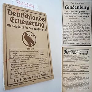 Imagen del vendedor de Deutschlands Erneuerung. Monatsschrift fr das deutsche Volk. 2. Jahrgang 1918, Heft 1 Januar 1918 Dieses Buch wird von uns nur zur staatsbrgerlichen Aufklrung und zur Abwehr verfassungswidriger Bestrebungen angeboten (86 StGB) a la venta por Galerie fr gegenstndliche Kunst