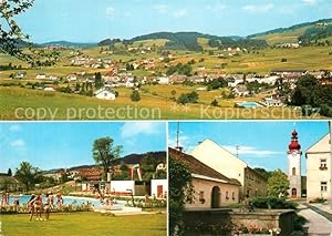 Postkarte Carte Postale St Oswald Freistadt Panorama Ortsmotiv mit Kirche Freibad