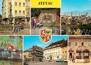 Bild des Verkufers fr Postkarte Carte Postale Zittau Rolandsbrunnen Blumenuhr Schleifermnnchen Aug Bebel Platz mit Herkulesbrunnen Grner Born am Stadtmuseum zum Verkauf von Versandhandel Boeger