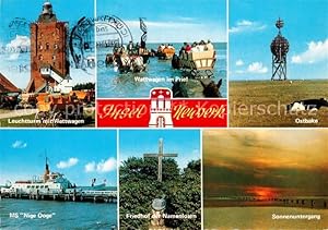 Bild des Verkufers fr Postkarte Carte Postale Insel Neuwerk Leuchtturm Wattwagen Friedhof der Namenlosen Ostbake Sonnenuntergang zum Verkauf von Versandhandel Boeger